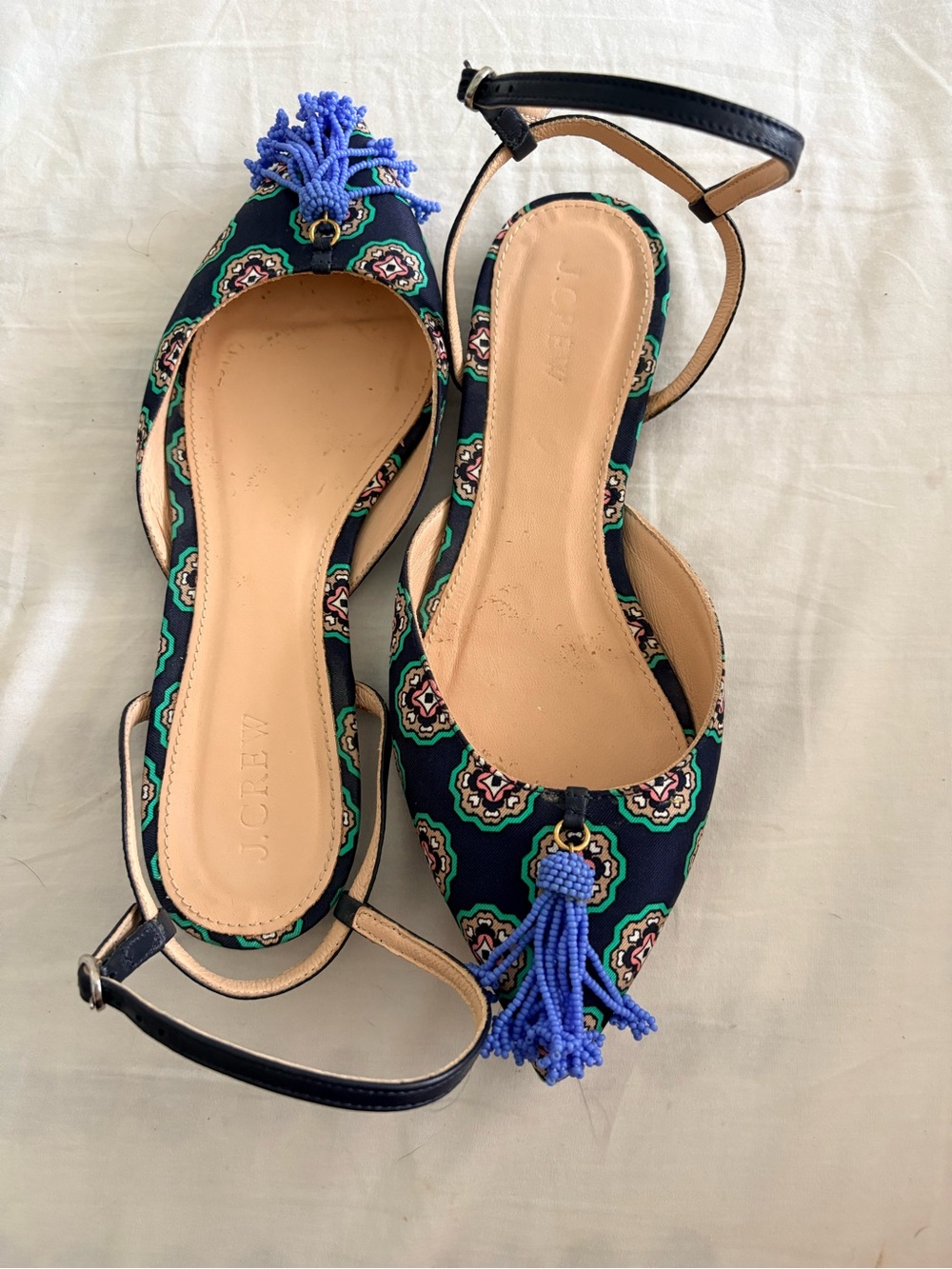 J. Crew Navy Printed Tassel Slingback Flats